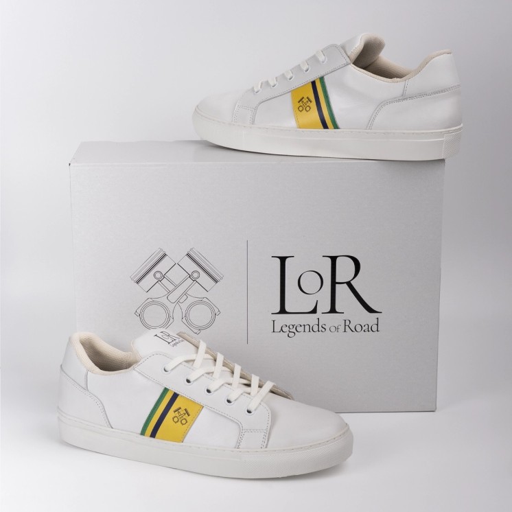 Zapatillas de piel blanca para hombre modelo Beco sobre caja con logotipo doble de Legends of Road